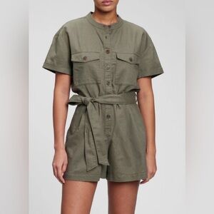 Gap Linen Cotton Romper Short Jumpsuit-NWT- Olive Green- Size MEDIUM Tall